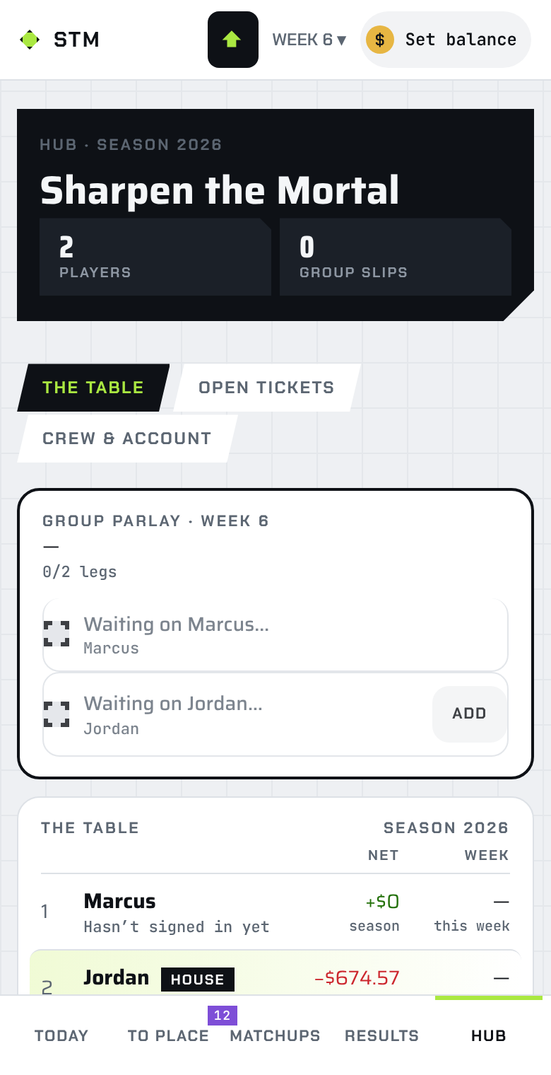 Hub: the group parlay and the leaderboard